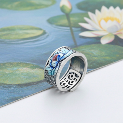 Sotiya Artist Collection Famous Painting Water Lilies Inspired Enamel Adjustable Ring Sterling Silver-Sotiya