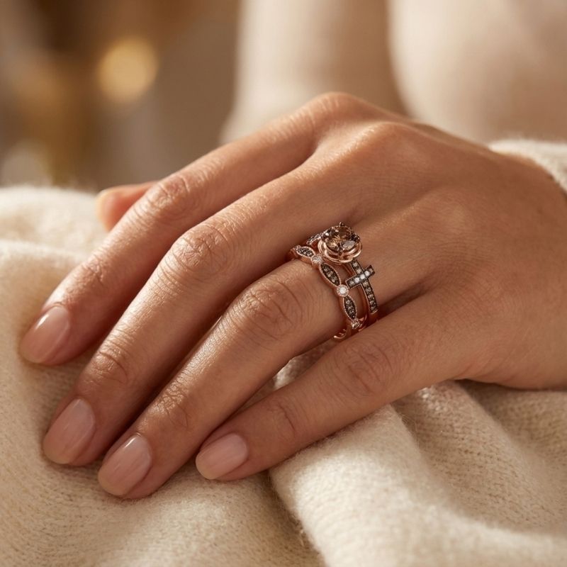 Sotiya Rose Design Faith Cross Coffee Round Cut Wedding Bridal Ring Set Sterling Silver-Sotiya