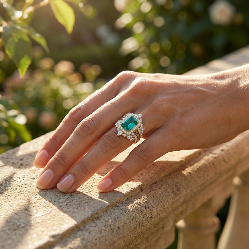 Sotiya 3PC Halo Emerald Cut Wedding Bridal Ring Set Sterling Silver-Sotiya