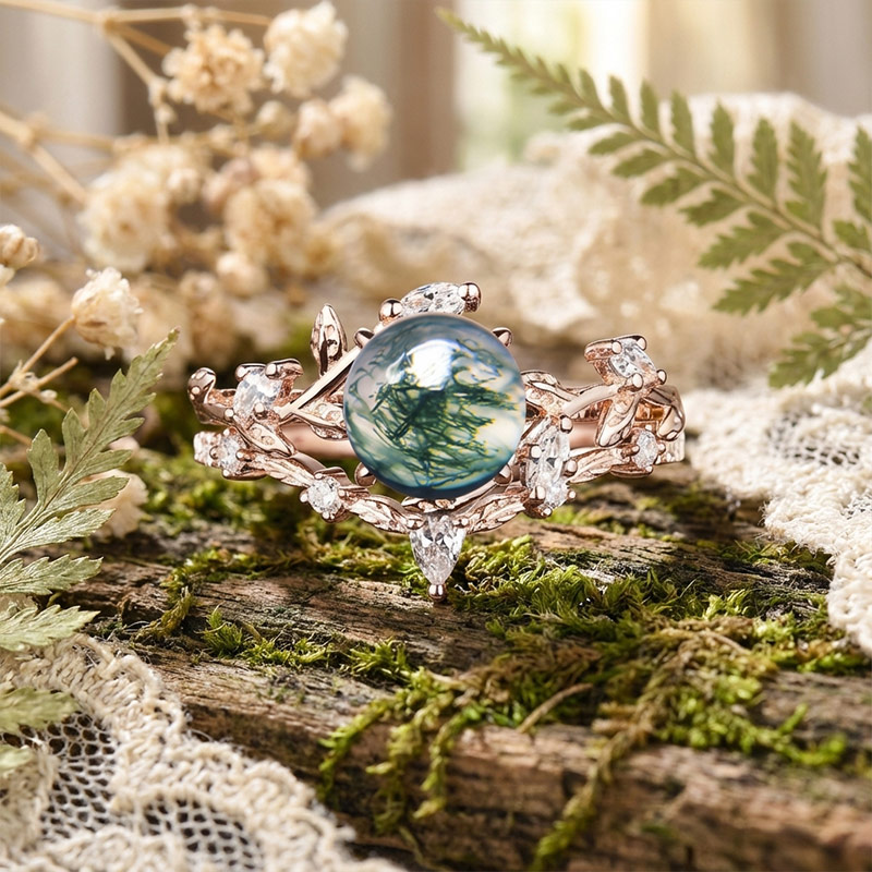 Sotiya Nature Inspired Leaf Moss Agate Round Cut Engagement Ring Sterling Silver-Sotiya