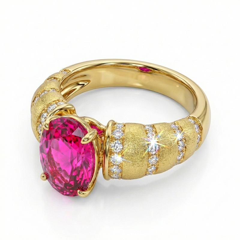 Sotiya Hot Pink/Lab Grown Sapphire Brushed Oval Cut Engagement Ring Sterling Silver Moissanite Deputy Stone