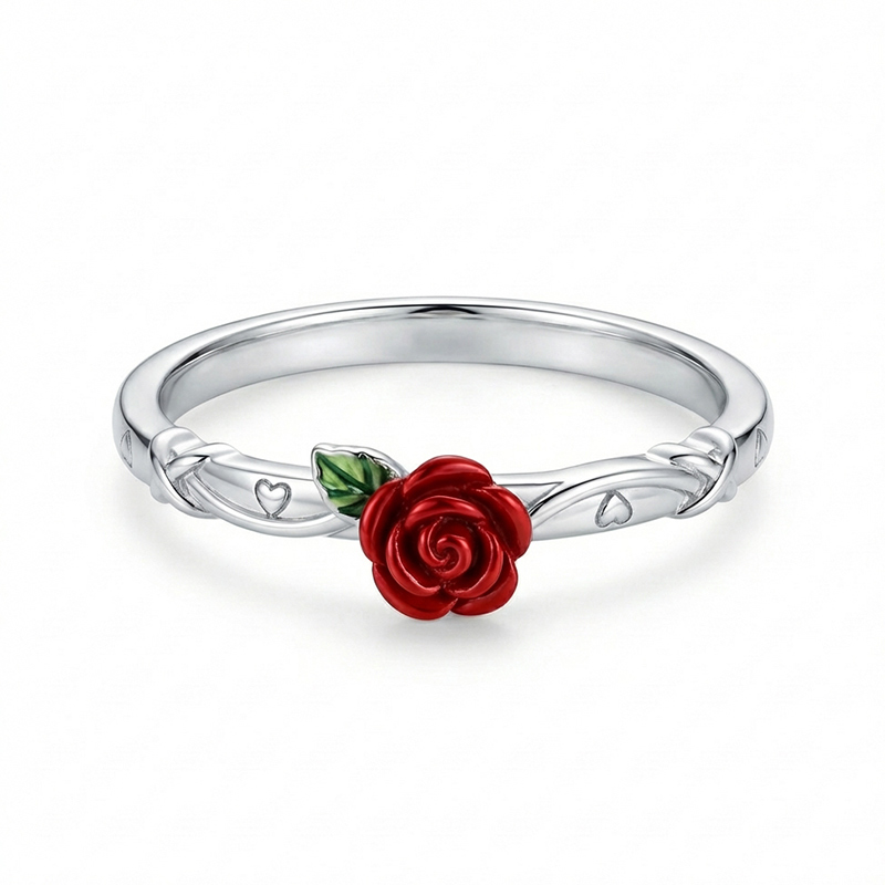 Sotiya Enchanted Red Rose Design Enamel Cocktail Ring Sterling Silver-Sotiya