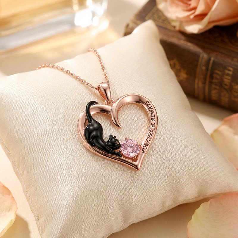 Sotiya 12 Birthstones Custom Engraving Heart Black Cat Round Cut Necklace Sterling Silver-Sotiya
