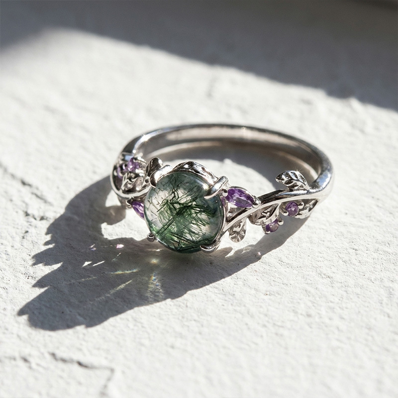 Sotiya Nature Inspired Leaf Round Cut Moss Agate Engagement Ring Sterling Silver-Sotiya