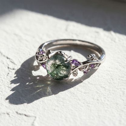 Sotiya Nature Inspired Leaf Round Cut Moss Agate Engagement Ring Sterling Silver-Sotiya
