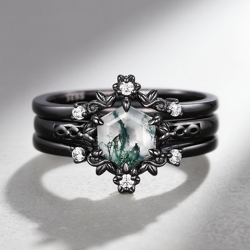 Sotiya Vintage Art Deco Hexagon Cut Green Moss Agate Enhancer Wedding Bridal Ring Set Sterling Silver-Sotiya