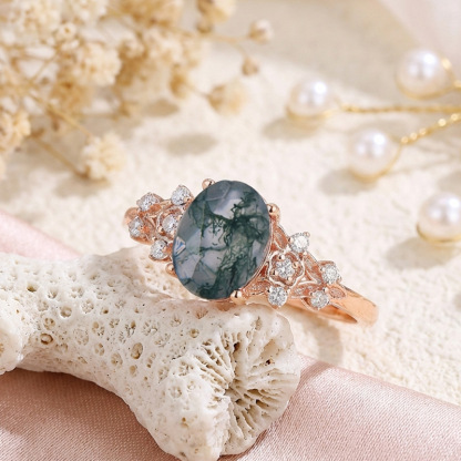 Sotiya Floral Sidestones Moss Agate Oval Cut Engagement Ring Sterling Silver-Sotiya