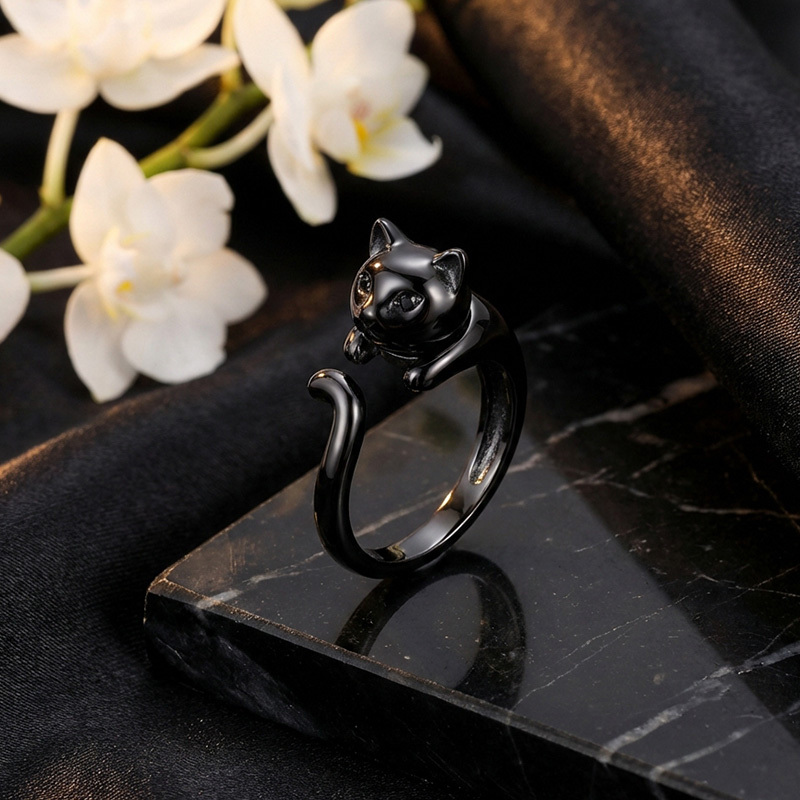 Sotiya Rotating Soothe Black Cat Ring Sterling Silver-Sotiya