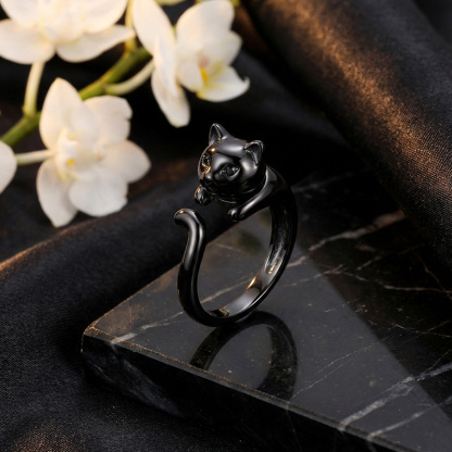Sotiya Rotating Soothe Black Cat Ring Sterling Silver-Sotiya