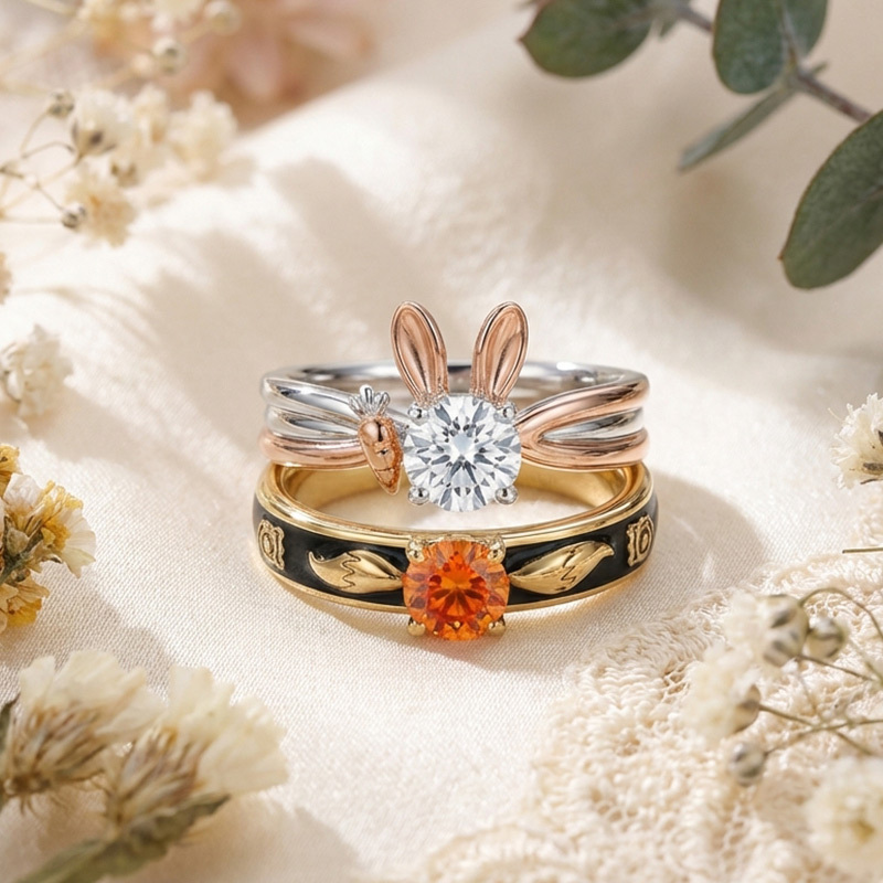 Animal City Bunny and Fox Inspired Round Cut Couple Rings-Sotiya