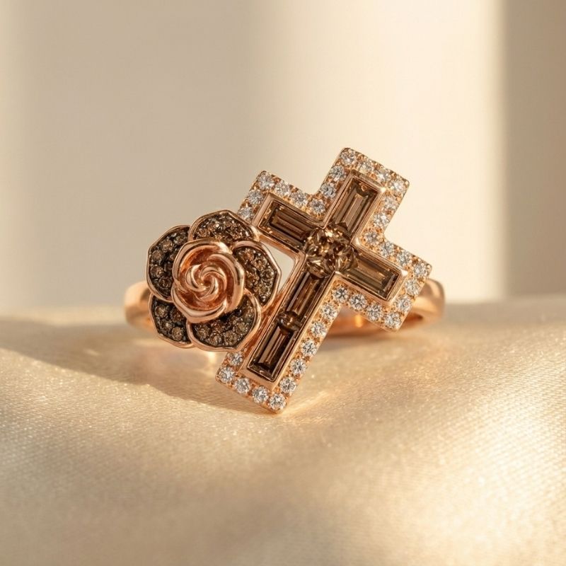 Sotiya Rose Design Faith Cross Coffee Cocktail Ring Sterling Silver-Sotiya