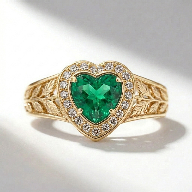 Sotiya Halo Heart Cut Vintage Leaf Emerald Green Engagement Ring Sterling Silver