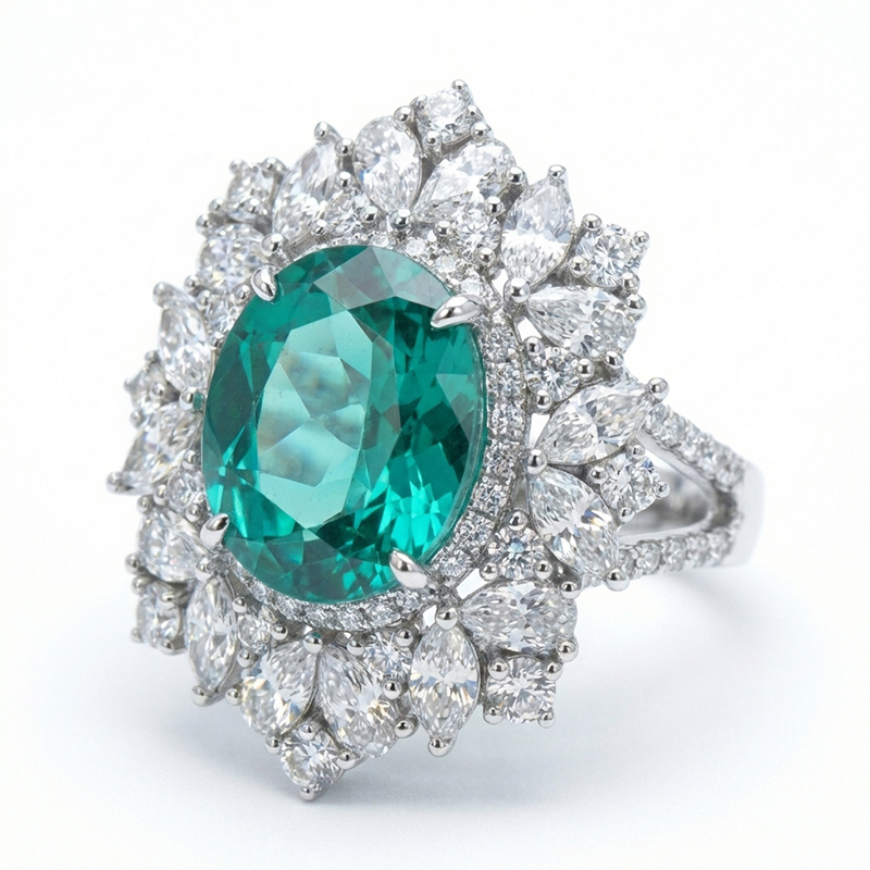 Sotiya Unique Halo Lab Grown Paraiba Oval Cut Cocktail Ring Sterling Silver
