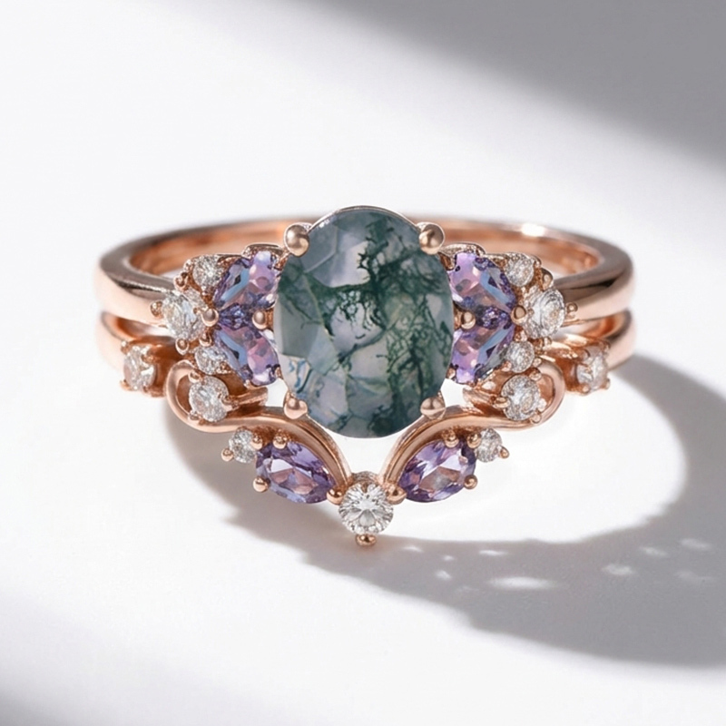 Sotiya Sidestones Cluster Moss Agate Oval Cut Wedding Bridal Ring Set Sterling Silver-Sotiya