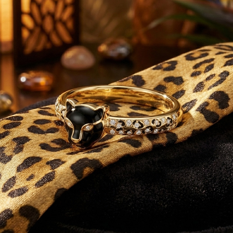 Sotiya Leopard Head Design Leopard Print Black Enamel Ring Sterling Silver-Sotiya