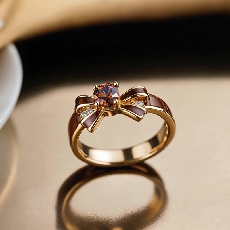 Sotiya Round Cut Bowknot Coffee Enamel Promise Ring Sterling Silver-Sotiya