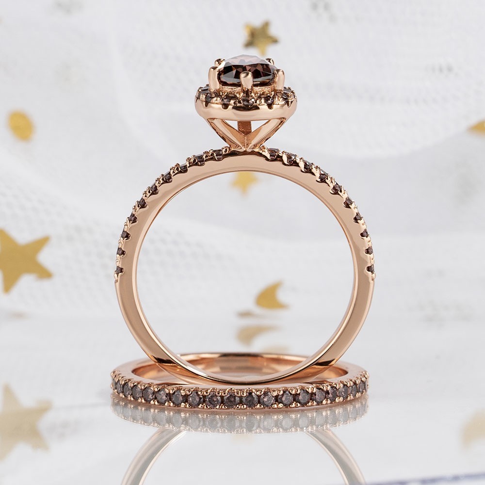 Sotiya Pear Cut Chocolate Rose Gold Halo Wedding Bridal Ring Set Sterling Silver-Sotiya