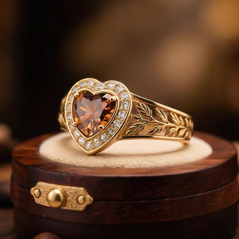 Sotiya Halo Heart Cut Vintage Leaf Coffee Engagement Ring Sterling Silver-Sotiya