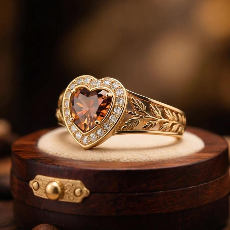 Sotiya Halo Heart Cut Vintage Leaf Coffee Engagement Ring Sterling Silver-Sotiya