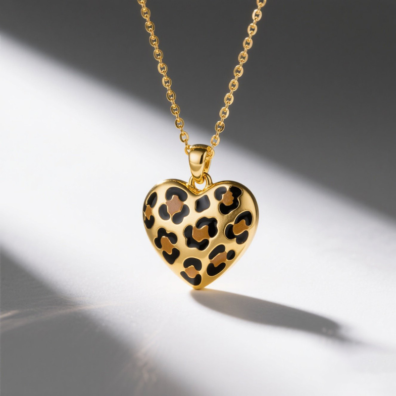 Sotiya Heart Leopard Print Coffee Enamel Necklace Sterling Silver