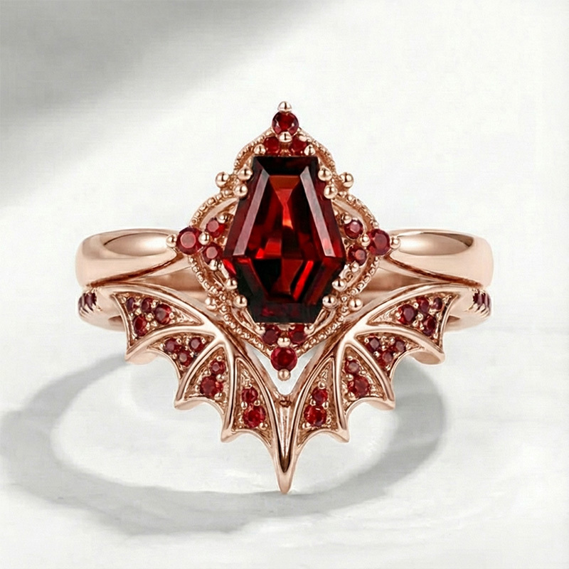 Sotiya Vintage Gothic Bat Coffin Cut Wedding Bridal Ring Set Sterling Silver-Sotiya