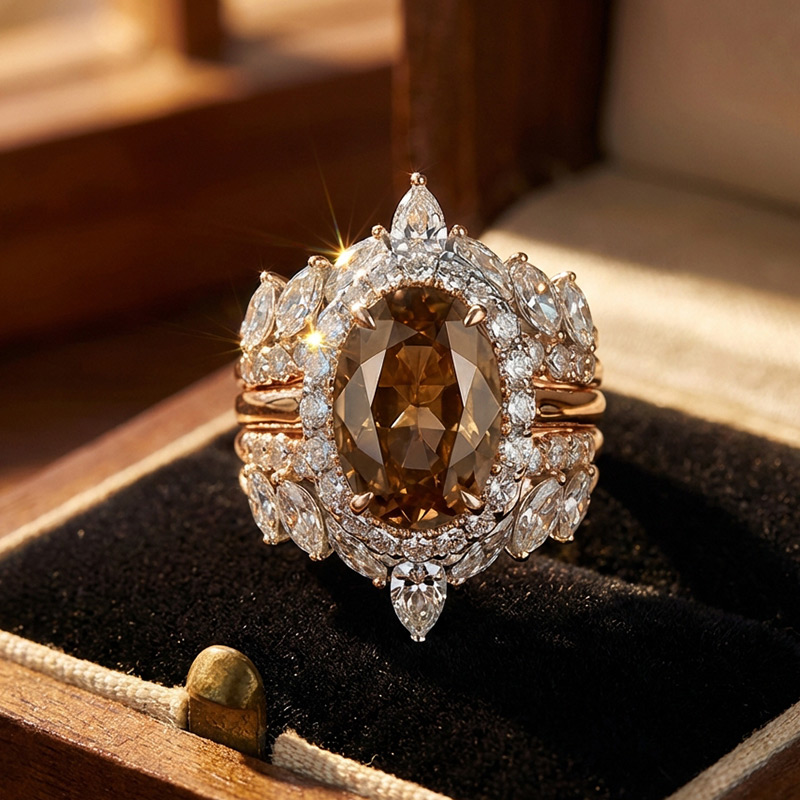 Sotiya 3PC Halo Oval Cut Coffee Wedding Bridal Ring Set Sterling Silver-Sotiya