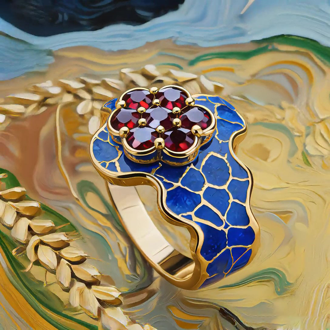 Sotiya Artist Collection Famous Paintings Crows in the Wheat Field Enamel Cocktail Ring Sterling Silver-Sotiya