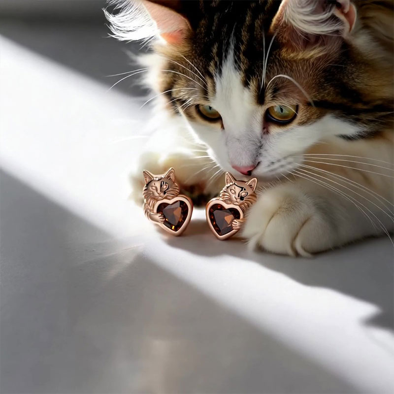 Sotiya Heart-cut Coffee Maine Coon Stud Earrings Sterling Silver-Sotiya