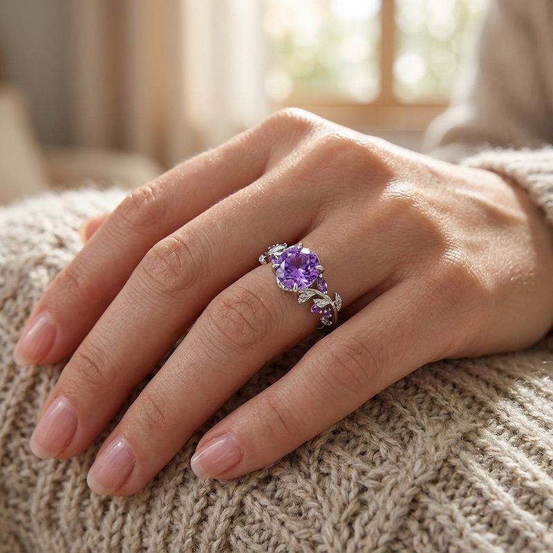 Sotiya Nature Inspired Leaf Round Cut Amethyst Engagement Ring Sterling Silver-Sotiya