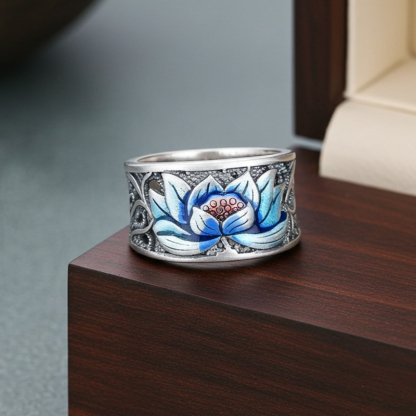 Sotiya Artist Collection Famous Painting Water Lilies Inspired Enamel Adjustable Ring Sterling Silver-Sotiya