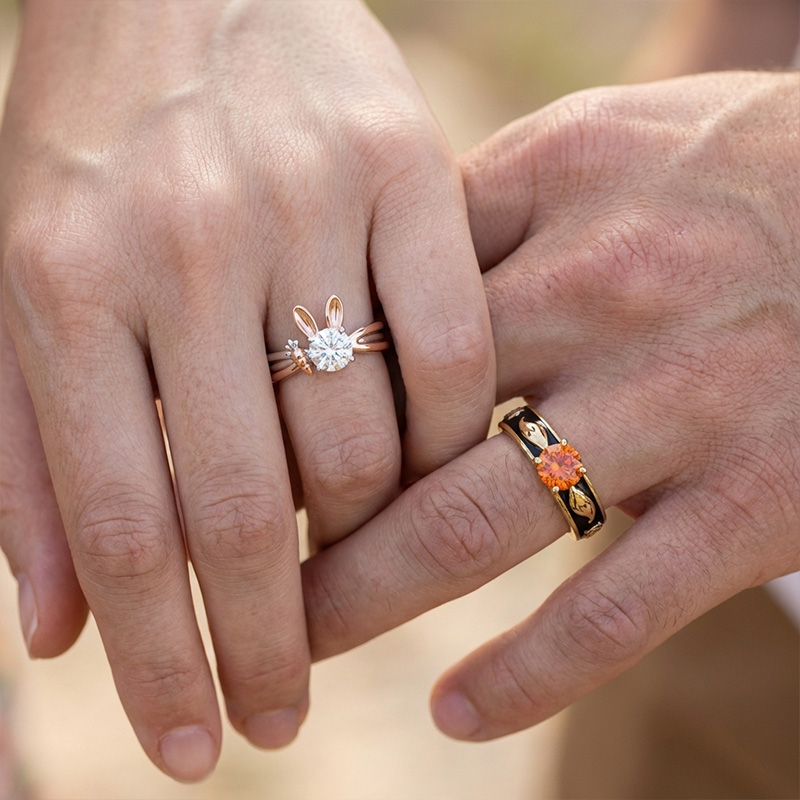 Animal City Bunny and Fox Inspired Round Cut Couple Rings-Sotiya