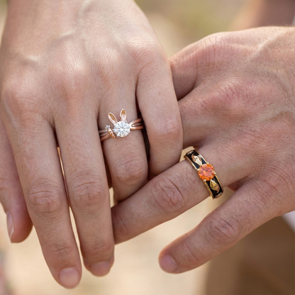 Animal City Bunny and Fox Inspired Round Cut Couple Rings-Sotiya