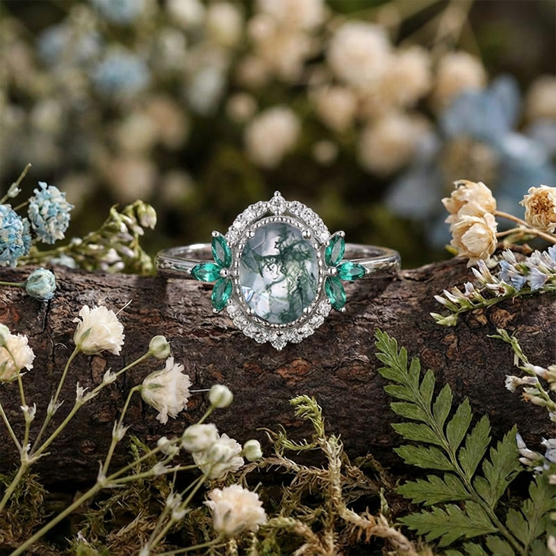 Sotiya Art Deco Moss Agate Oval Cut Engagement Ring Sterling Silver-Sotiya