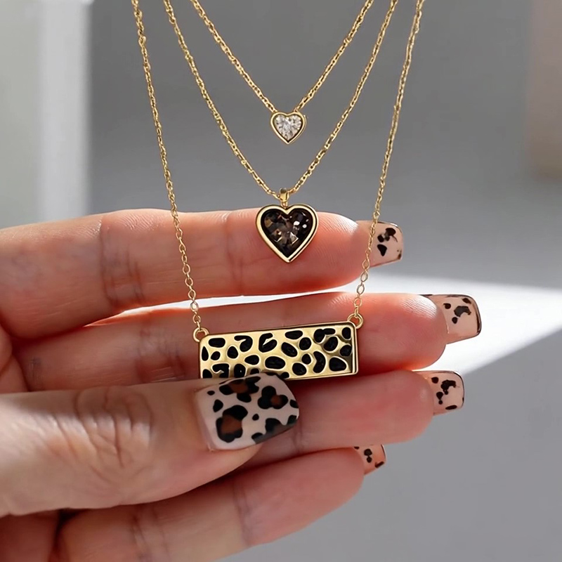 Sotiya Heart Cut Leopard Print Coffee Enamel Triple Layered Necklace Sterling Silver-Sotiya