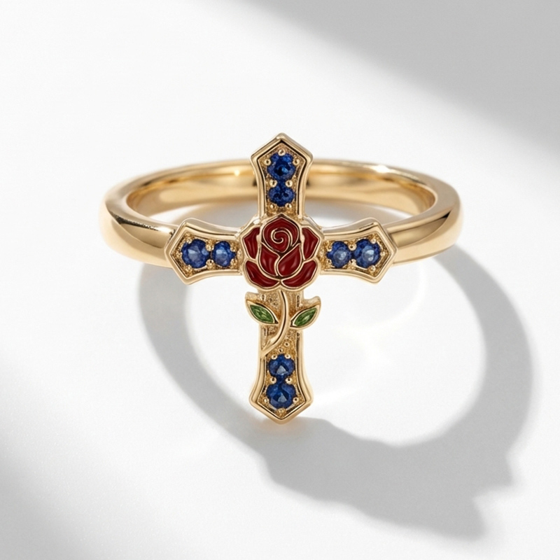 Sotiya Enchanted Red Rose Design Enamel Faith Cross Cocktail Ring Sterling Silver-Sotiya