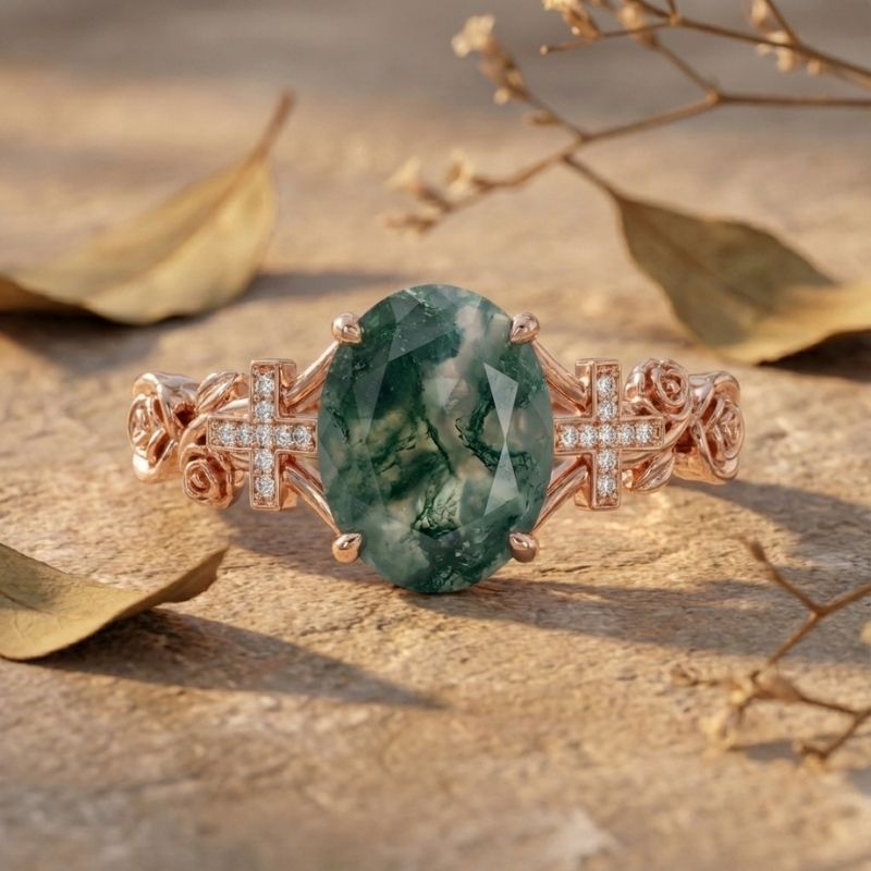 Sotiya Rose Design Faith Cross Oval Cut Green Moss Agate Engagement Ring Sterling Silver-Sotiya
