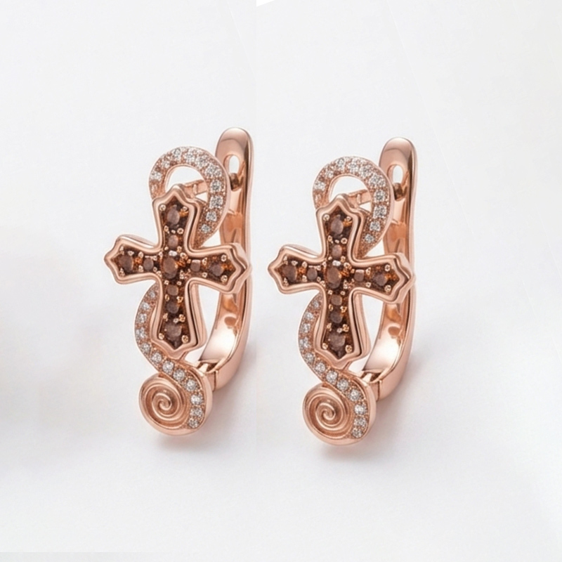 Sotiya Cross Design Faith Round Cut Coffee Hoop Earrings Sterling Silver-Sotiya