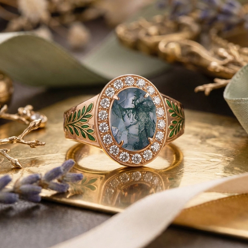 Sotiya Victorian Bay Leaf Enamel Halo Oval Cut Moss Agate Engagement Ring Sterling Silver-Sotiya