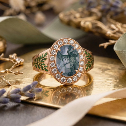 Sotiya Victorian Bay Leaf Enamel Halo Oval Cut Moss Agate Engagement Ring Sterling Silver-Sotiya