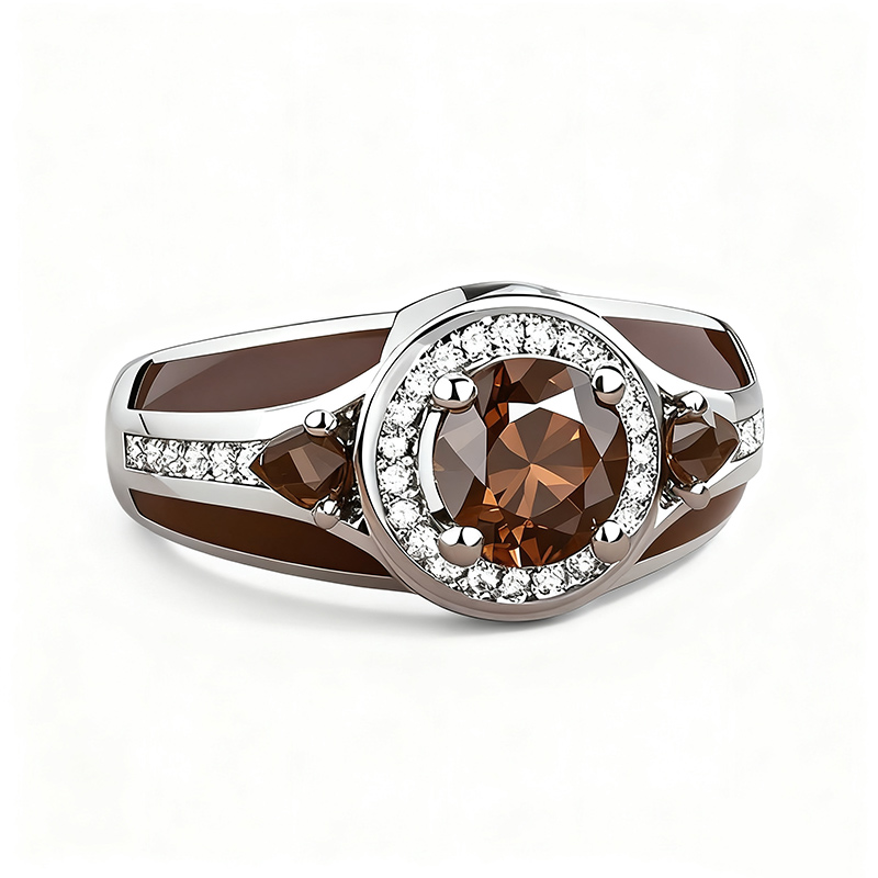 Sotiya Halo Round Cut Coffee Enamel Engagement Ring Sterling Silver-Sotiya