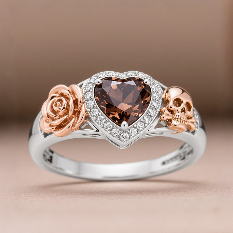Sotiya Flower Skull Halo Heart Cut Coffee Engagement Ring Sterling Silver-Sotiya