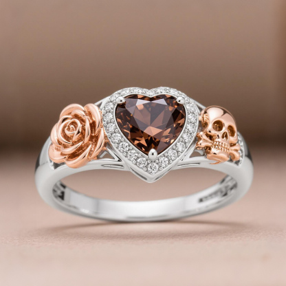 Sotiya Flower Skull Halo Heart Cut Coffee Engagement Ring Sterling Silver-Sotiya