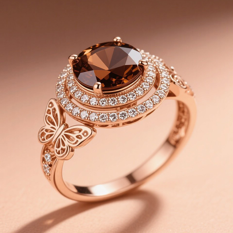 Sotiya Butterfly Round Cut Double Halo Coffee Engagement Ring Sterling Silver-Sotiya