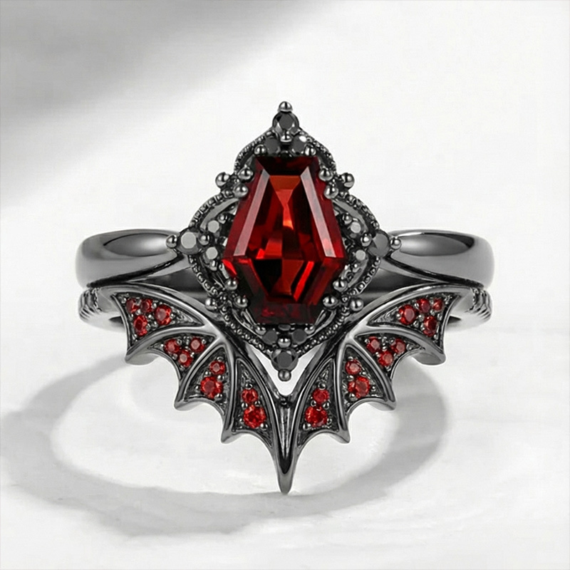 Sotiya Vintage Gothic Bat Coffin Cut Wedding Bridal Ring Set Sterling Silver-Sotiya