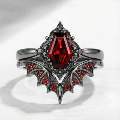 Sotiya Vintage Gothic Bat Coffin Cut Wedding Bridal Ring Set Sterling Silver-Sotiya