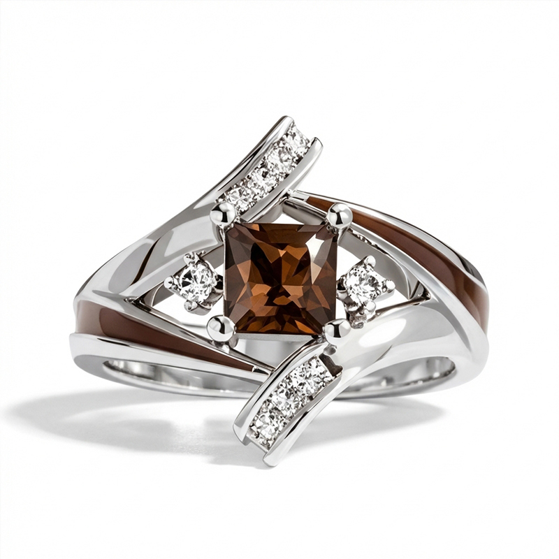 Sotiya Princess Cut Bypass Coffee Enamel Engagement Ring Sterling Silver-Sotiya