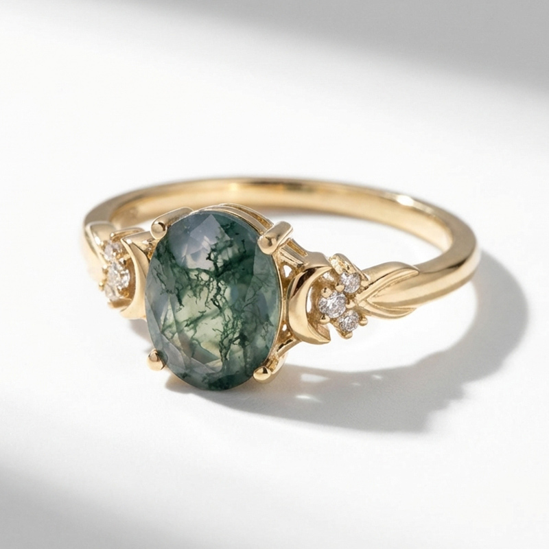 Sotiya Moon Design Moss Agate Oval Cut Engagement Ring Sterling Silver-Sotiya