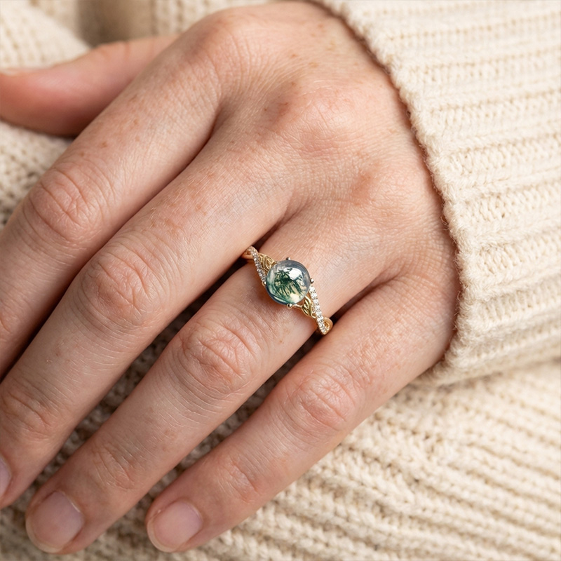 Sotiya Leaf Twist Green Moss Agate Round Cut Engagement Ring Sterling Silver-Sotiya