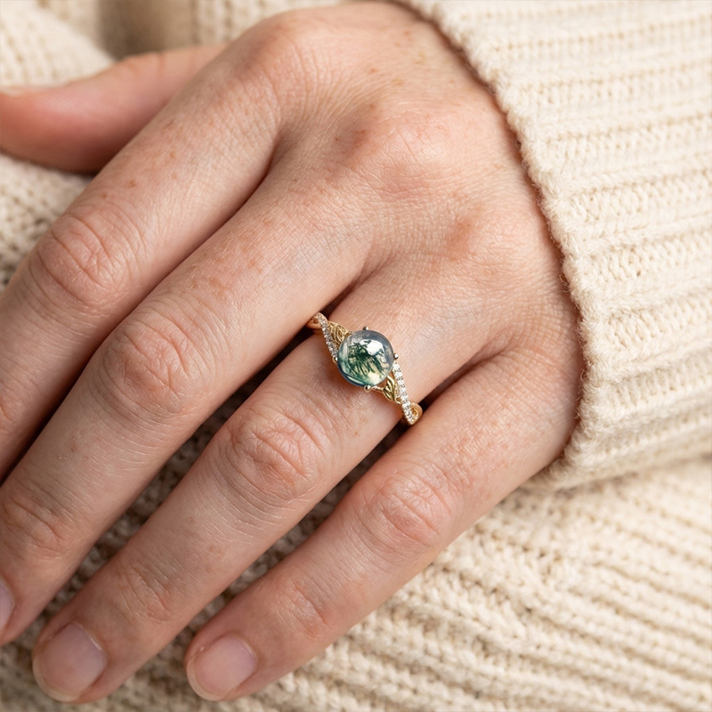 Sotiya Leaf Twist Green Moss Agate Round Cut Engagement Ring Sterling Silver-Sotiya