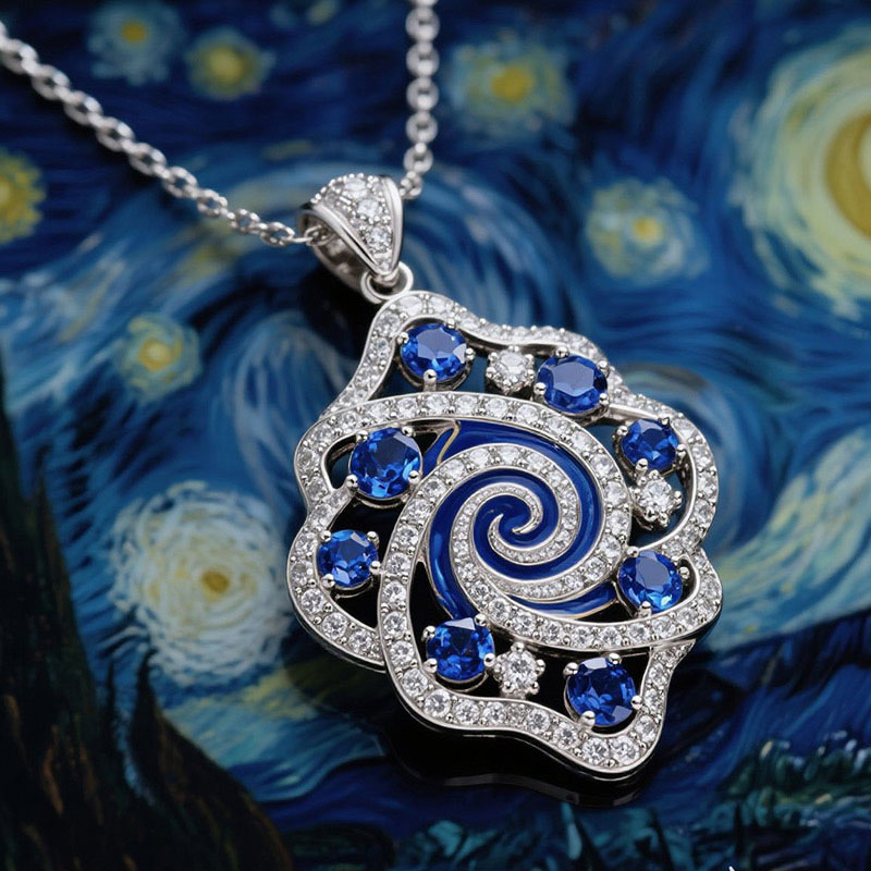 Sotiya Artist Collection Famous Painting Starry Night Enamel Necklace Sterling Silver-Sotiya